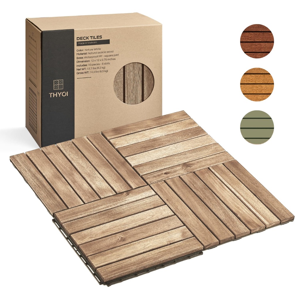 10 Pcs Interlocking Deck Tiles, Waterproof Acacia Wood Patio Flooring for Balcony & Outdoor Use (White, 10 Pcs - 12.1 Square Ft)