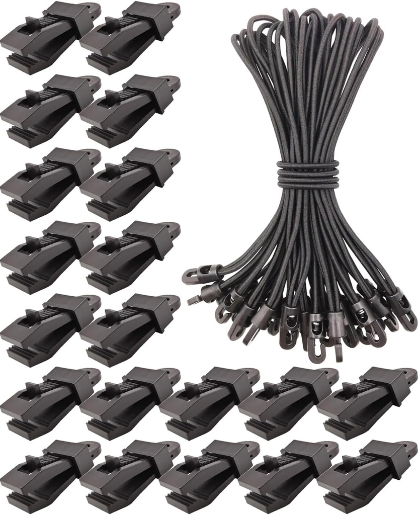 Tarp Clips Heavy Duty Lock Grip - 40 Pack Tarps Clamps, Fasteners Clips Holder, Small Bungee Cords with Hooks 10 Inch, Tarp Tie Downs (Black)