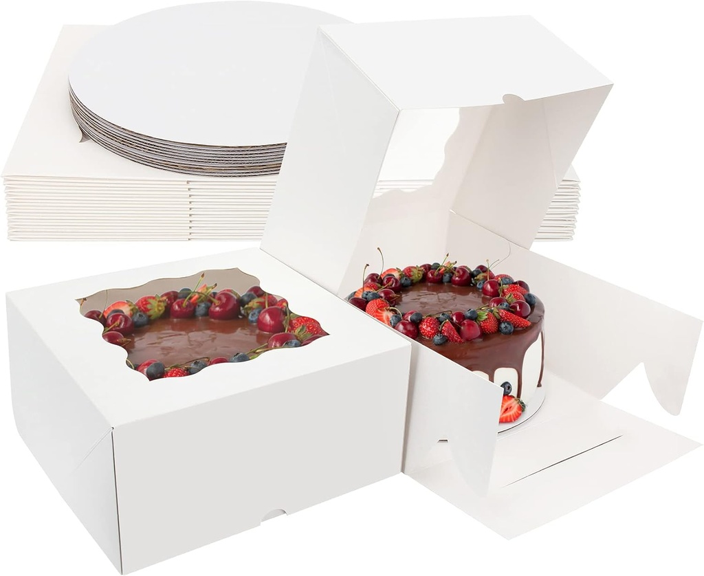 Colovis 12 Pcs Cake Boxes with Cake Boards, Easy Assembly, 10 Inches White Cake Boxes with window for Cake, Pie, Pastries (12, 10" x 10" x 5")