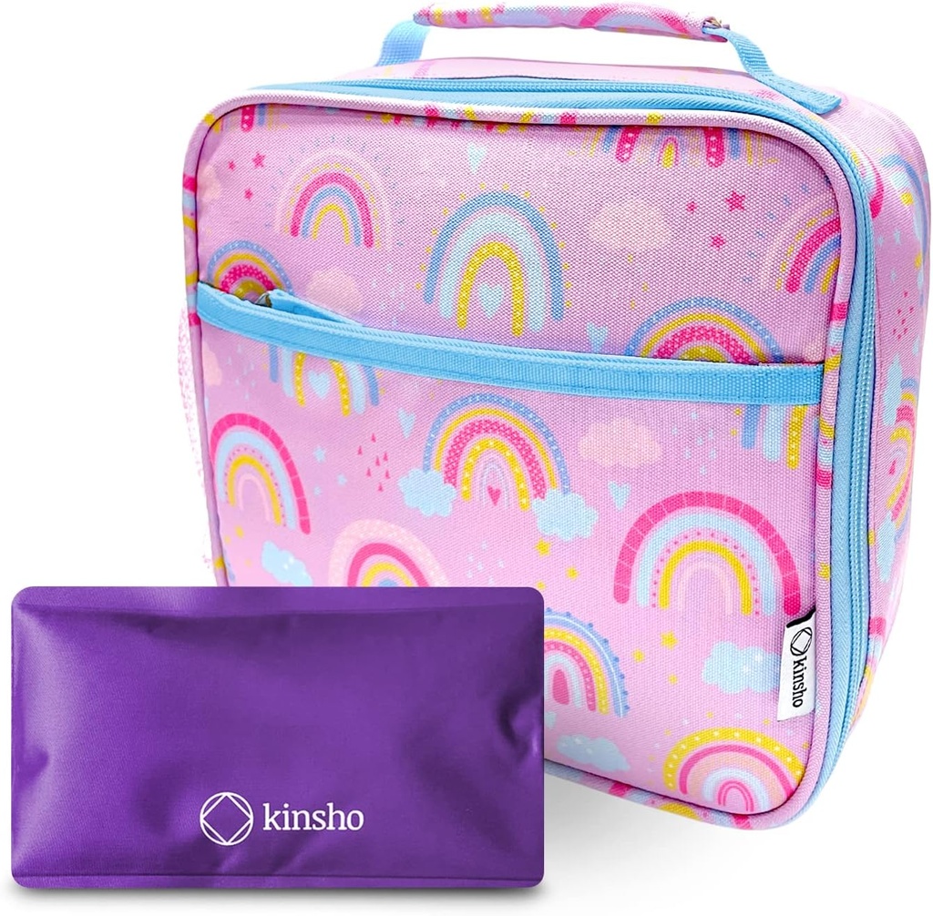 Bundle of 2x Bento Box for Kids BPA Free. Medium (Orange, Pink) + Lunch Box for Kids with Ice Pack (Rainbow)
