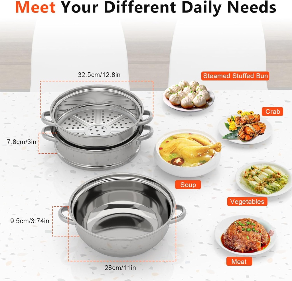 Ringmaster 3-Tier Stainless Steel Steamer, Steamer Pot for Cooking,Food Vegetable Steamer Cooker with Lid and Handles,Multi-Functions Stackable Steamer Cookware Pot, Silver