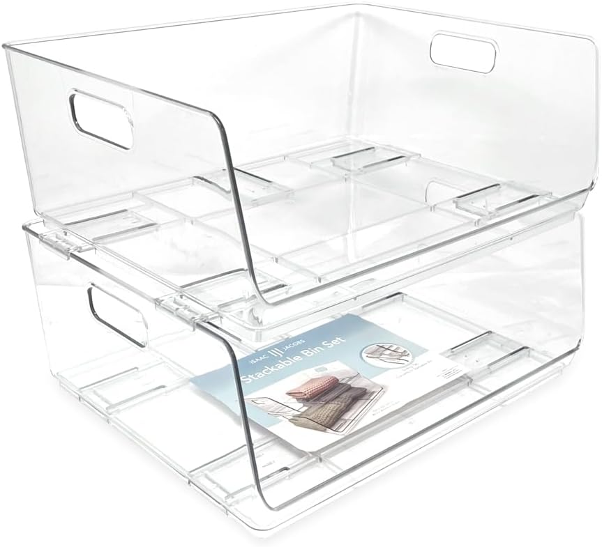 Isaac Jacobs 2-Piece (16" x 12" x 6.1") X-Large Wide Stackable Clear Storage Bins w/Open Front, Versatile Use, Set of 2, Desk, Office, Bathroom, Bedroom, Closet