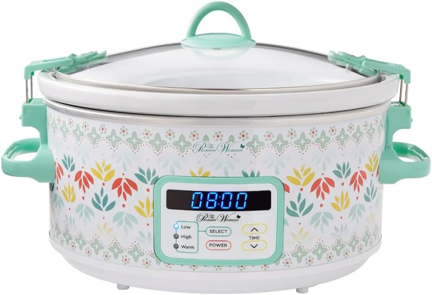 Pioneer Woman Meandering 6-Quart Digital Slow Cooker, Programmable Crock Pot with Timer and Teal Handles, Stylish Kitchen Appliance
