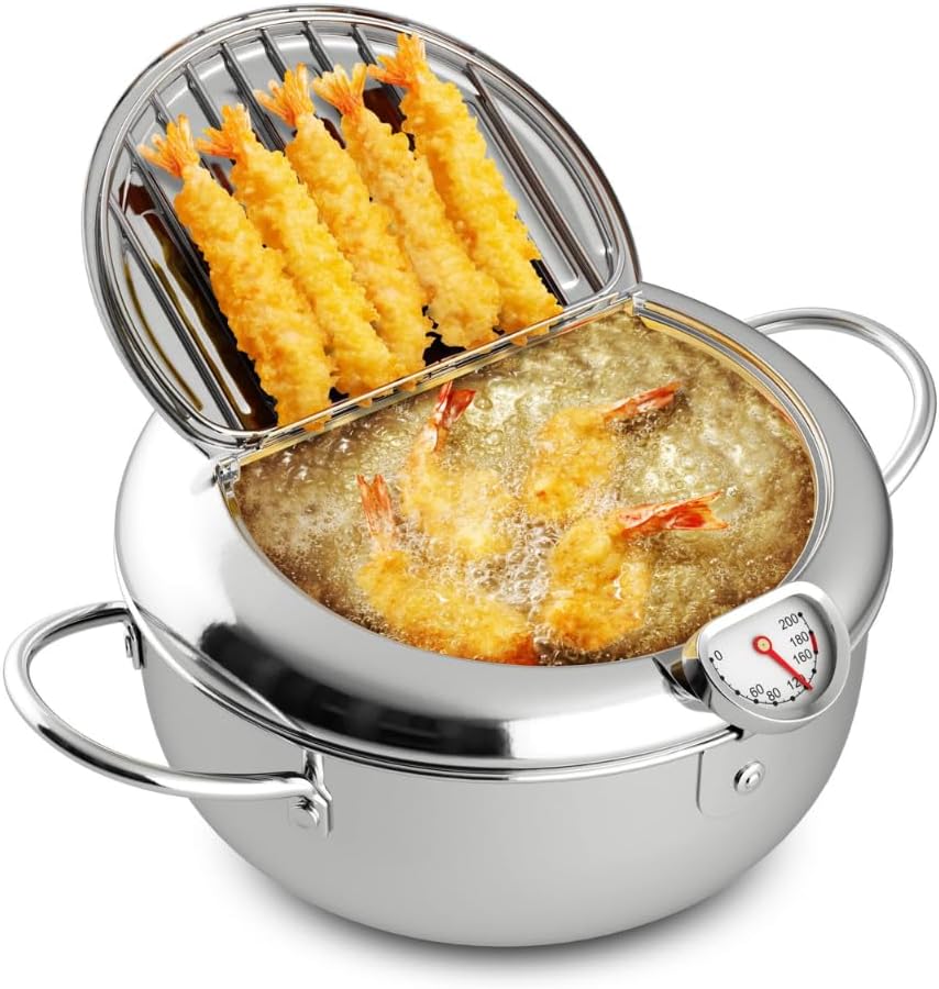 HABP GLOBAL Deep Fryer Pot,4.2 L, 304 Stainless Steel with Temperature Control and Oil Drip Drainer Rack, for Kitchen French Fries, Chicken etc - Janpanese Style Tempura Frying Pot with Lid