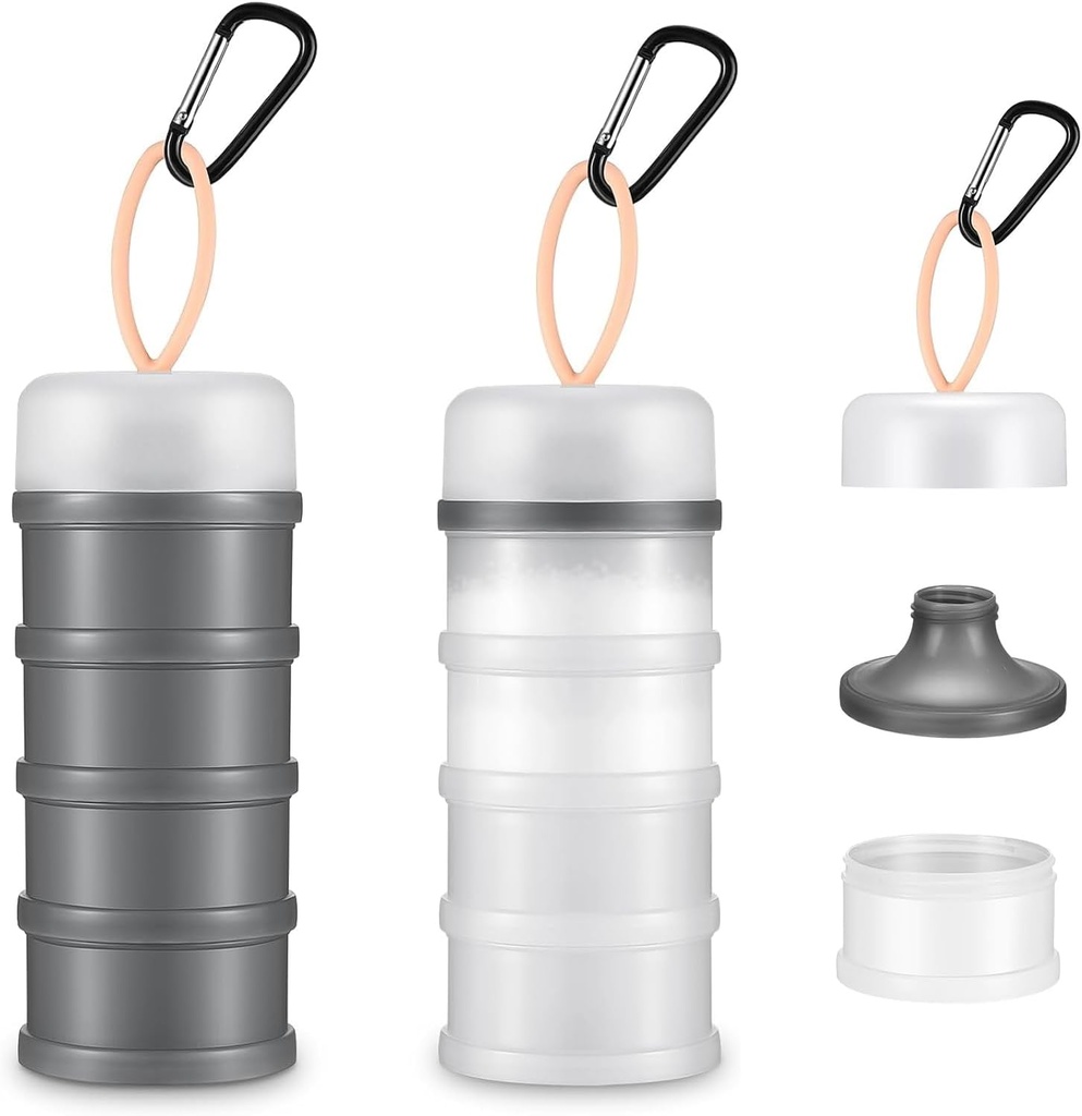 2 Pcs Protein Powder Container with Stackable Design, Portable Dispenser with Keychain, 4-Tier Leakproof Travel Powder Storage for Workout, Fitness, and Travel (Grey White)
