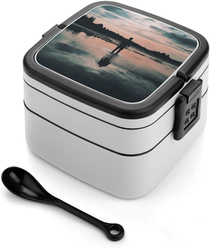Standing in The Lake Bento Box with Spoon, 2-layer Stackable Lunch Box Leak Proof with Invisible Handle, Insulated Food Storage for Office, Picnic & Travel