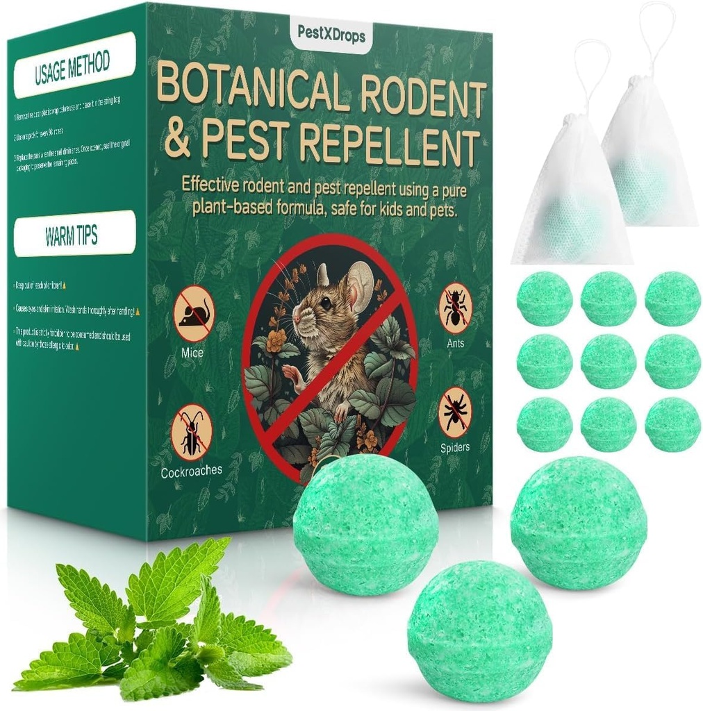 Rodent Mouse Repellent 14 Pack, Peppermint Oil Moth Balls for Mice Rats Deterrent, Natural Pest Control Mothballs for Rodents, Squirrels, Skunk, Mole, Gopher, Pets Safe, Indoor and Outdoor Use