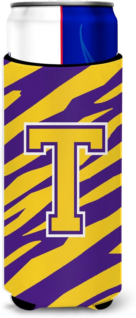 Monogram - Tiger Stripe - Purple Gold Letter T Ultra Beverage Insulators for slim cans