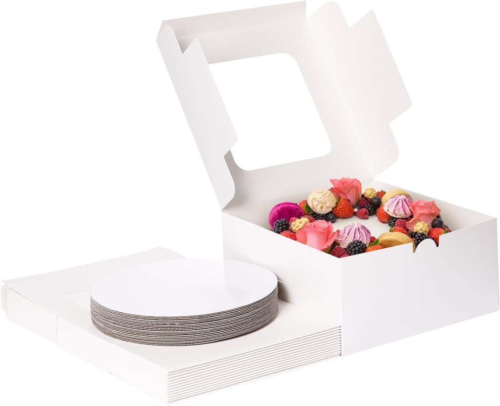 Moretoes 24 Sets Cake Boxes 10x10x5 Inch, Disposable Cake Box with Cake Boards and Stickers for Mother's Day, Pastries, Cupcakes, Pies, Cookies, Bakery