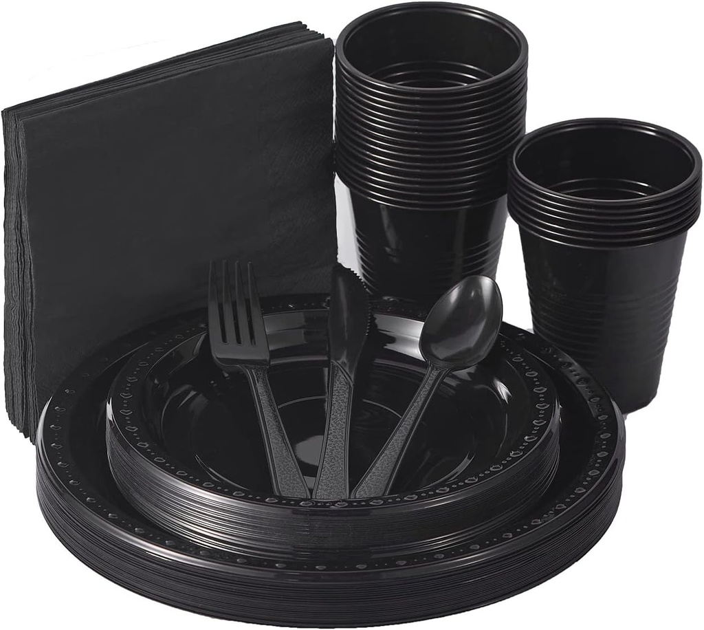 175 PCS Black Party Supplies Disposable Dinnerware Set Plastic Plates and Paper Napkins Cups Silverware Serve 25 Sets for Birthday Bridal Shower Wedding Engagement Graduation Parties