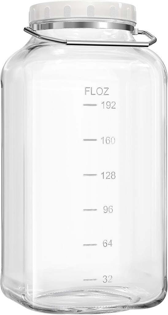 1 Pack 2 Gallon Glass Jar with Lid(7600ML/256 FL Oz), Large Glass Container with AIRTIGHT Lid AND Stainless Steel Handle, Wide Mouth Glass Flour Storage Containers with Scale Mark for Flour, Sugar