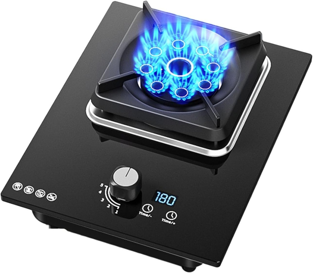 Black Tempered Glass Gas Stove 1 Burner, 5.2KW 9 Cavity Timed High Fire, Cast Iron Pot Holder, Suitable for Home Kitchen with Flameout Protection(NG)