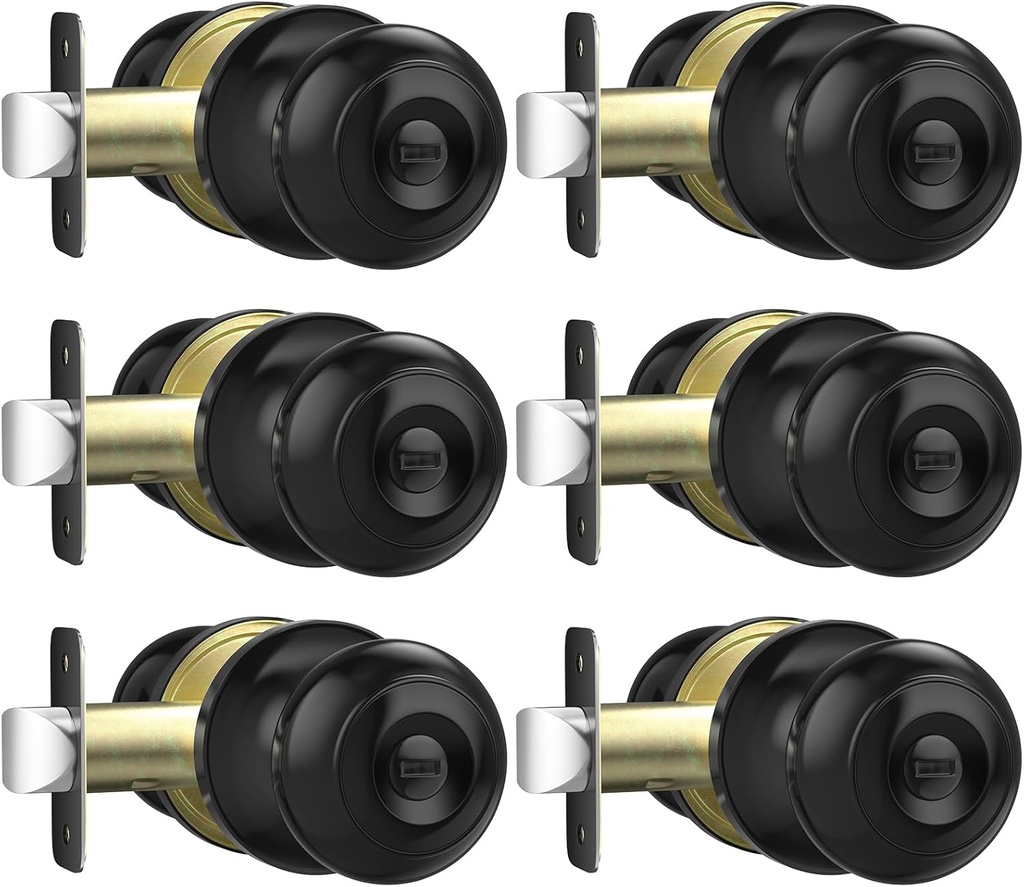 Privacy Door Knob, Matte Black Door Knobs Interior Keyless Locks Set(6 Pack), Bedroom Bathroom Door Knob with Lock, Reversible for Left/Right Door Handle