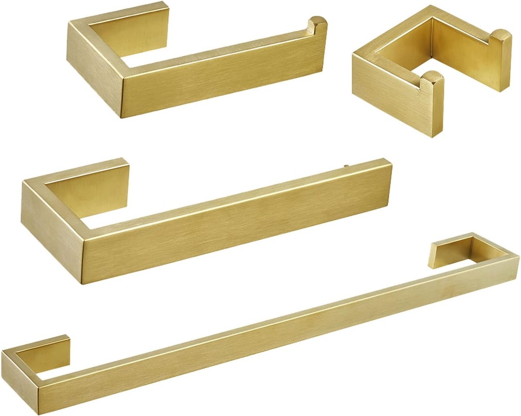BESy 4 Piece Bathroom Accessories Set (Towel Bar, Hand Towel Holder Towel Ring, Toilet Paper Holder, Double Towel Hook), Wall Mounted Bath Hardware Accessory Fixtures Set, Stainless Steel/Brushed Gold