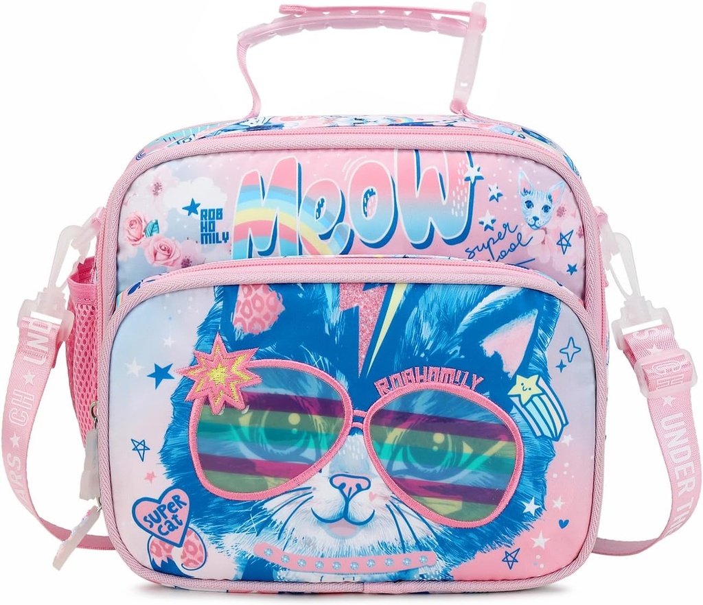 Cute Cat Lunch Bag for Girls - Spacious Insulated Compartment with Water Bottle Holder