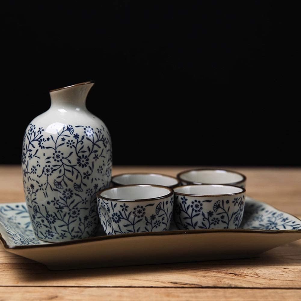 Sake Set Pottery Japanese Sake Set with Tray, Retro Ceramic Cups Crafts Wine Glasses