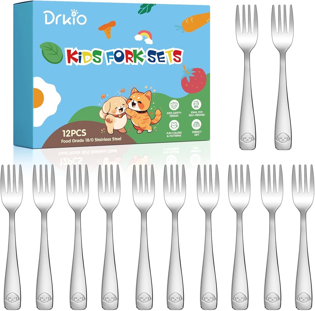 DRKIO Stainless Steel Toddler Forks Set - 12 Pieces Kids Forks Set Children Safe Food Grade Kids Silverware Small Forks Metal Toddler Utensils Dishwasher Safe Mirror Polished