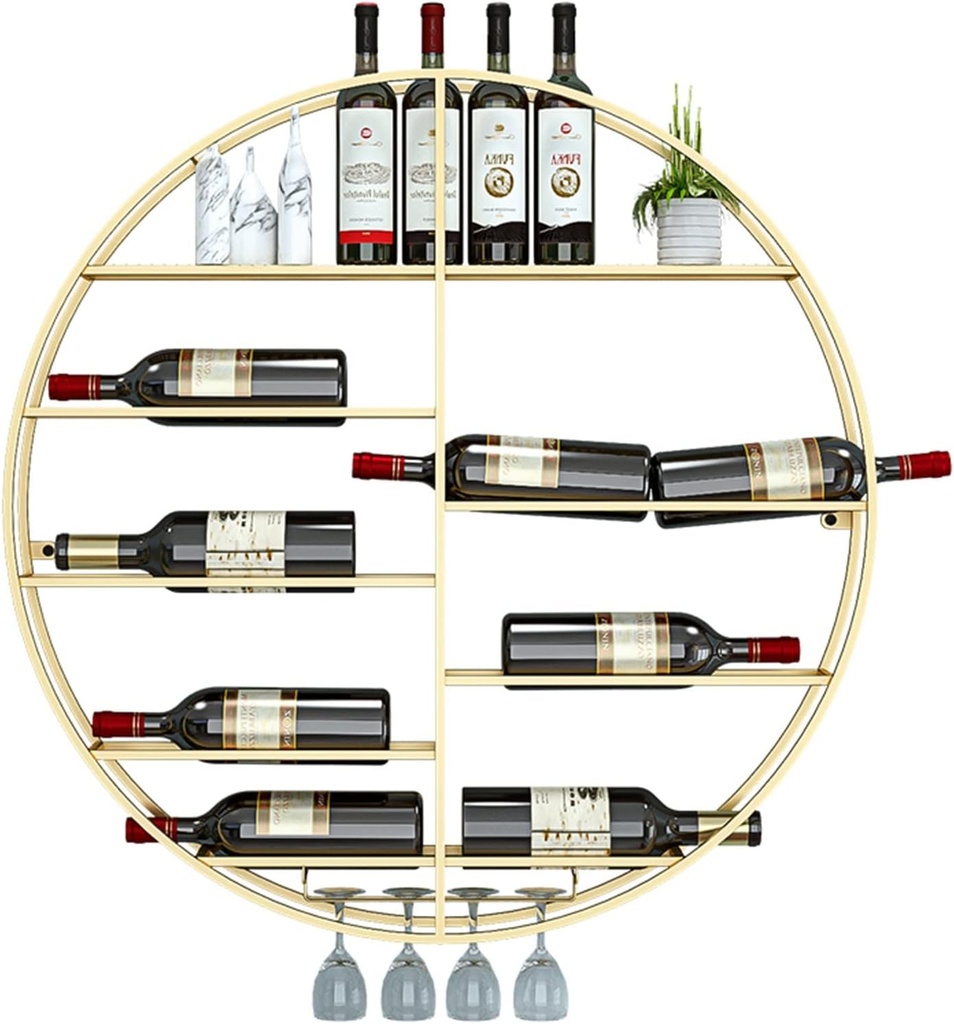 ULAINE Round Wine Rack Wall Mounted Metal Wine Bottle Storage Shelf with Glass Goblet Hanging Holder Home Bar Decor Shelves Wine Cellar Kitchen Counter Floating Display Organizer (Size :