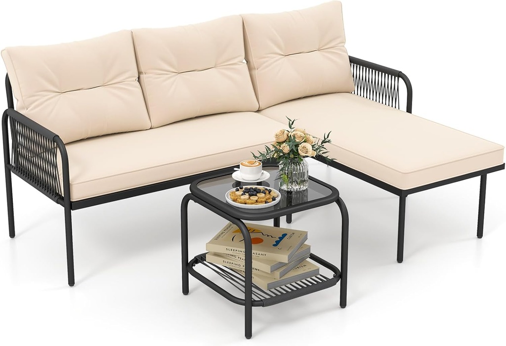 Tangkula 3-Piece L Shaped Patio Furniture Set, PE Rattan Sectional Sofas with Tempered Glass Table, Back and Seat Cushions, Outdoor Conversation Set for Porch, Backyard and Poolside