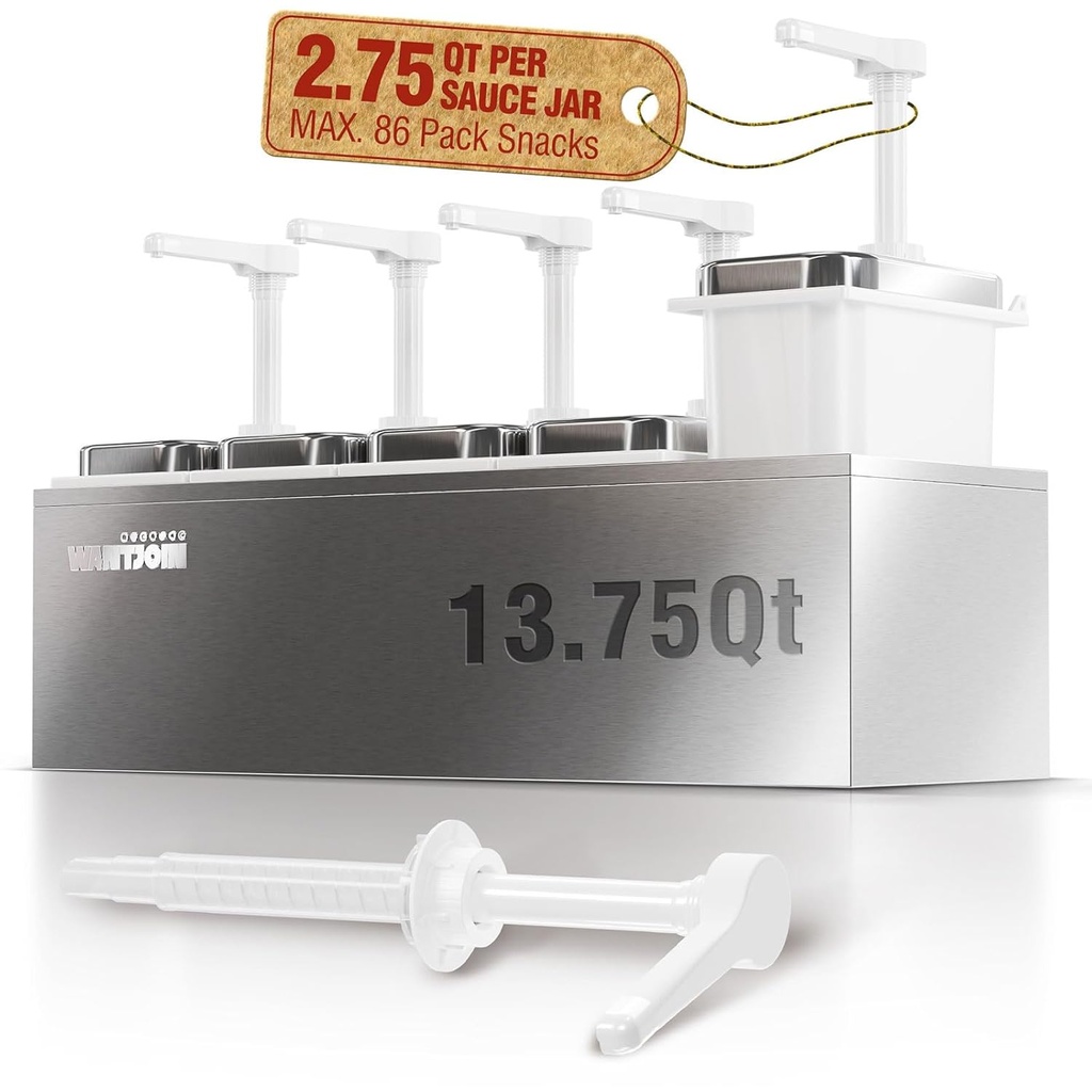 WantJoin Sauce Dispenser with 5 Jars - 2.75QT/2.6L Stainless Steel Condiment Pump Station, Commercial Dispenser for Ketchup, Salad Dressing, Syrup, Jam, Salsa, Restaurant