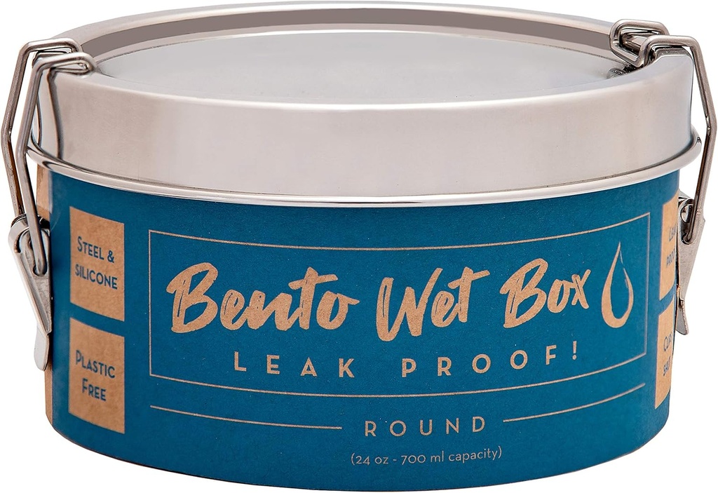 ECOlunchbox Bento Wet Box – Round Leak-Proof Stainless Steel Container, 24 oz (700 ml), Silicone Gasket & Soft-Close Clips, Plastic-Free, Dishwasher & Oven Safe