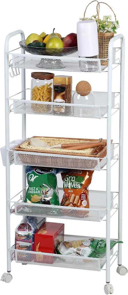Fruit Basket for Kitchen, 5 Tier Stackable Wire Baskets with Wheels, Kitchen Organizers and Storage, Kitchen Storage Cart for Fruit Vegetable Onions Potatoes Banana Snacks (White)