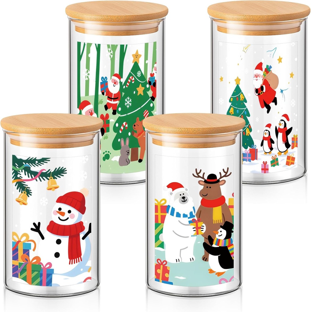 Suclain 4 Pcs 25 oz Christmas Glass Cookie Jar with Airtight Lid Christmas Storage Jars with Santa Snowman Reindeer Xmas Tree Snowflake Canisters Set for Kitchen Countertop Home Party Gift