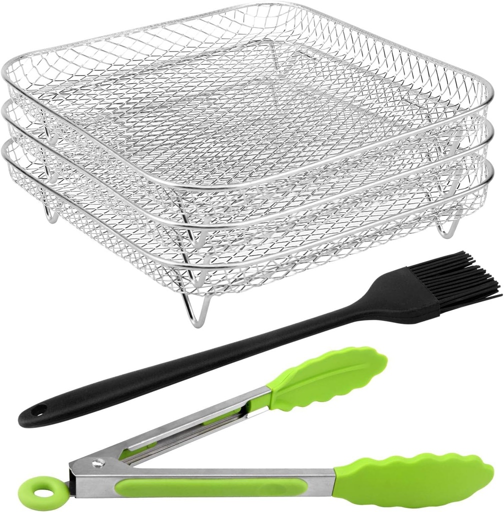 8" Air Fryer Rack for Air Fryer, Stainless Steel Three-Layer Air Flow Rack with Rus-tproof Oil Brush Food Clip,Air Fryer Accessories Fit all 5.8QT - 6QT Air fryer(Silver)