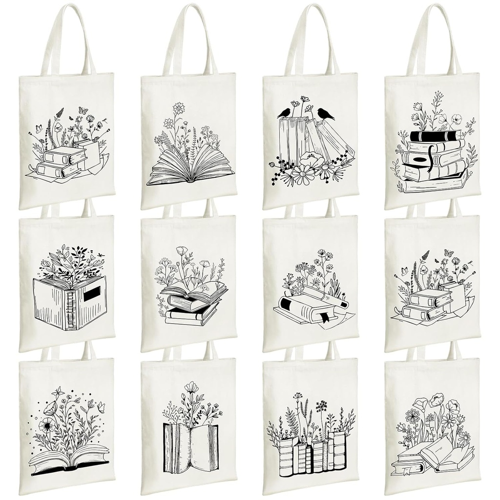 Sweetude 12 Christmas Canvas Book Tote Bags Bulk Club Gifts Aesthetic Book Lovers Librarian Bookish Readers Gifts