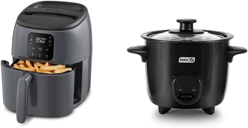 DASH Tasti-Crisp™ Digital Air Fryer, 2.6 Quart - Cool Grey & Mini Rice Cooker Steamer with Removable Nonstick Pot, Keep Warm Function & Recipe Guide, 2 cups - Black