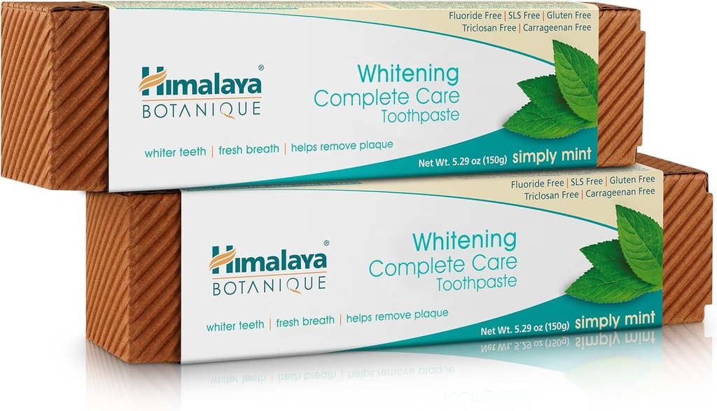 Himalaya Botanique Whitening Complete Care Toothpaste, Teeth Whitening, Fights Plaque, Fluoride Free, No Artificial Flavors, SLS Free, Cruelty Free, Foaming, Simply Mint Flavor, 5.29 Oz, 2 Pack
