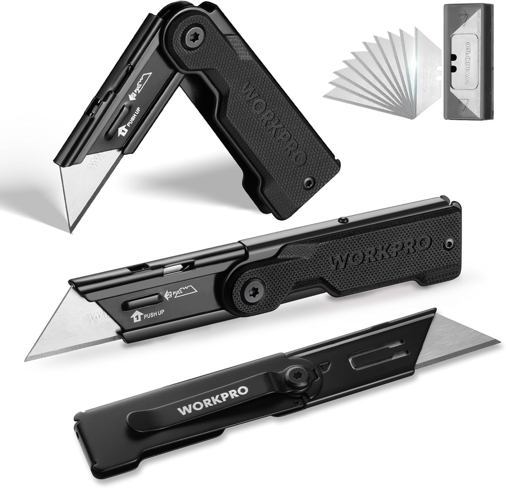 WORKPRO 3-Pack Folding Utility Knife Set, G10 Handle Box Cutter with 10 Extra SK5 Blades, Quick-Change Razor Knife with Belt Clip, EDC Utility Knife for DIY, Office, Home, Arts & Crafts – Black