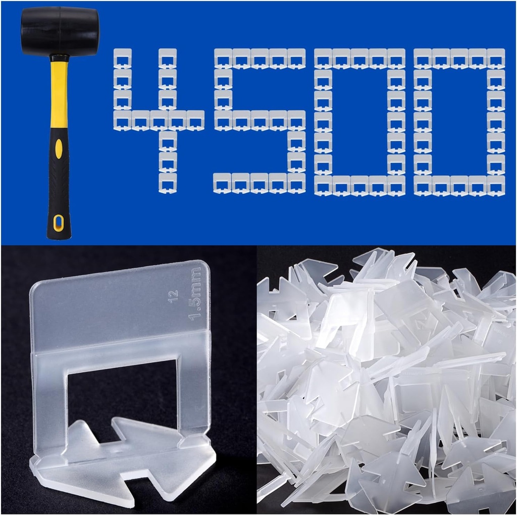 Tile Leveling System Clips Tiles Leveler Spacers Tile Clips 1/16 inch Tile Spacer 4500 Piece and 16 oz Rubber Mallet Hammer .Tile Tools Set for Professional Ceramic and Stone Installation