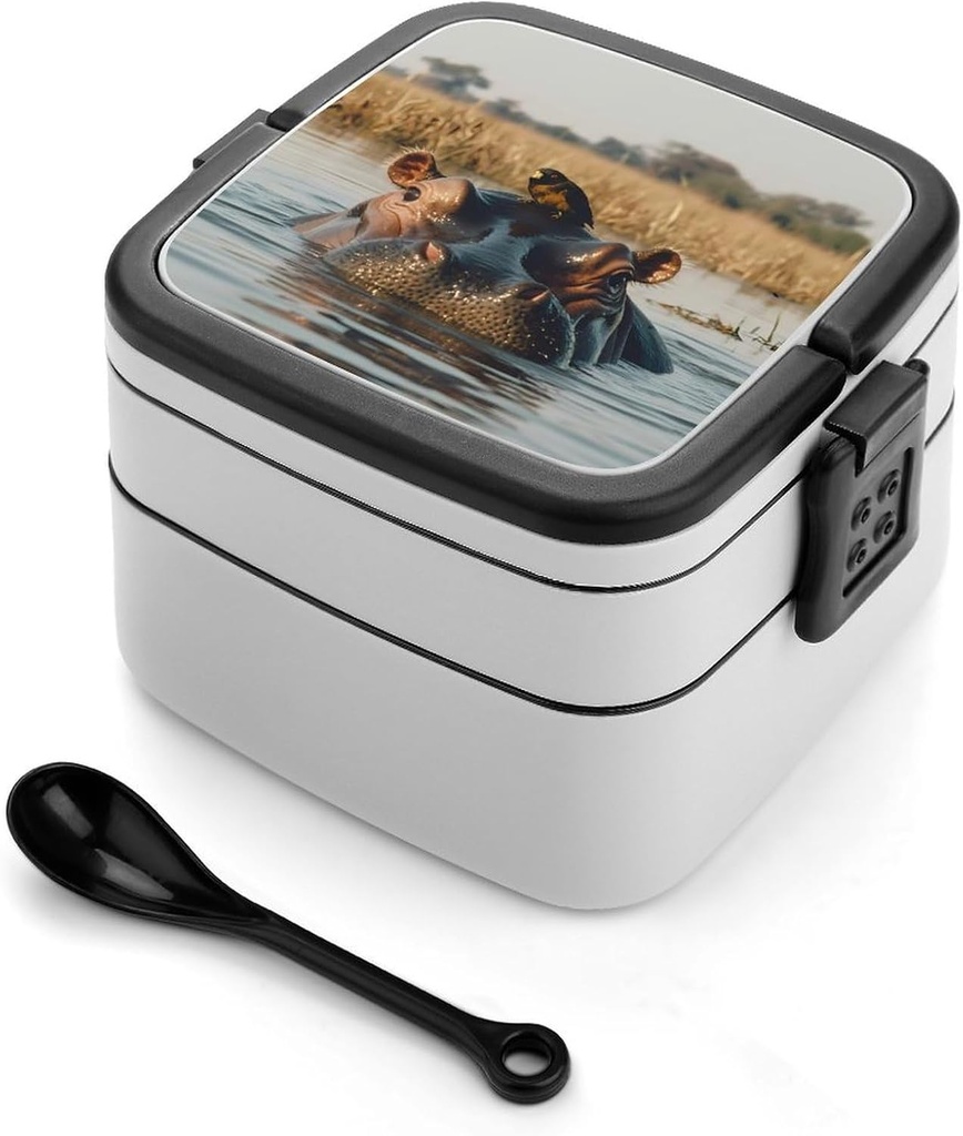 Hippopotamus Hippo Oxpecker Bird Portable Bento Box with Handle 2 Compartment Leak-Proof Stackable Lunch Box for Work Picnic Camping