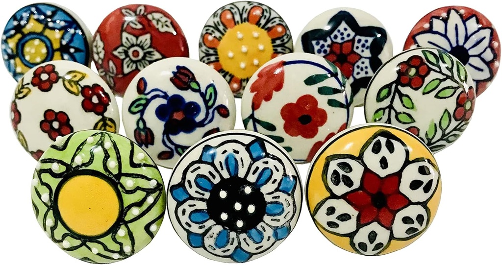 Kunal Art & Crafts Multicoloured Ceramic Knobs for Cabinet Dresser Drawer Furniture Desks Handle Door Cupboard Wardrobe Pull Hand Painted Ceramic Knobs Cabinet Set of 12