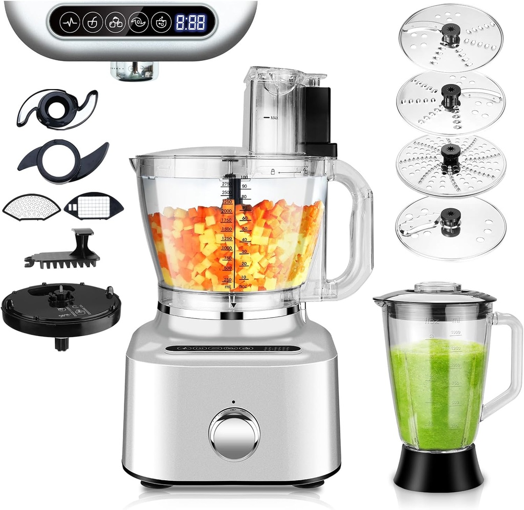 Homtone 16 Cup Food Processor, Large 11-in-1 Heavy Duty Food Processors and Blender Combo- 5 Preset Modes for Chopping,Shredding, Slicing, Kneading, Blending, Stepless Speed Control, 650W, Silver