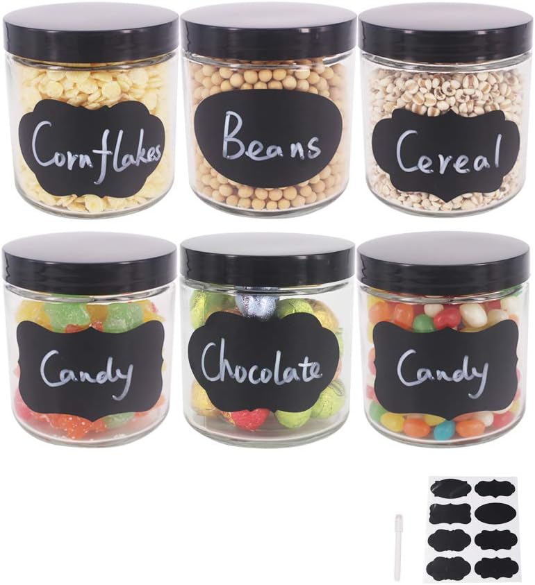 6 Pack 16 oz Glass Jars With Plastic Lids, Glass Kitchen Canisters Cabinet, Pantry Organization, Food Storage Jars for Flour, Sugar, Coffee, Candy, Snacks, 8 Chalk Labels, 1 Pen