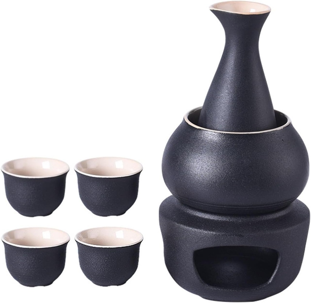 Japanese Sake Set with Warmer Ceramic Cups, Traditional Sake Serving Set Black Glaze Texture Handmade Wine Glasses for Cold/Hot/Shochu/Tea Family and Friends