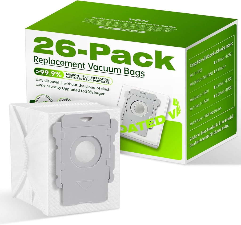 VBN 26 Pack Vacuum Bags for iRobot Roomba i & s & j Series Clean Base, Fit i3 i3+ i4 i4+ i5 i5+ i6 i6+ i7 i7+ i8 i8+ j7 j7+ s9 s9+, Automatic Dirt Disposal Bags