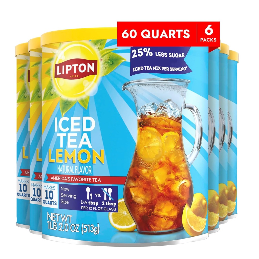 Lipton Reduced Sugar Iced Tea Mix, Lemon Flavor, Makes 10 Quarts (Pack of 6)