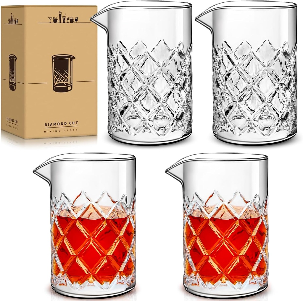 18 OZ Crystal Cocktail Stirring Glass, Thick Weighted Bottom - Bar Bartenders Tools Mixing Glass 4 PCS for Craft Bars & Professional Bartenders