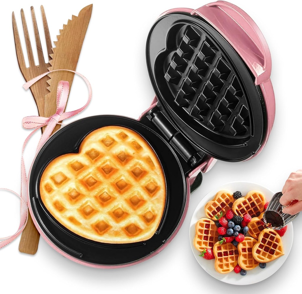 Mini Waffle Maker(Heart),Small Waffle Maker Keto,Mini Wafflera Iron for Kids Family and Individuals,4'' Non Stick Cooking Plates with Fast & Even Heating(Pink)