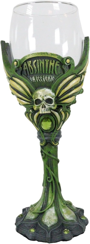 Ebros Gift Parisian Bohemian Fairy Absinthe La Fee Verte Skull With Green Gem And Vine Stem Wine Goblet Glass Chalice Drinkware Ossuary Macabre Accent