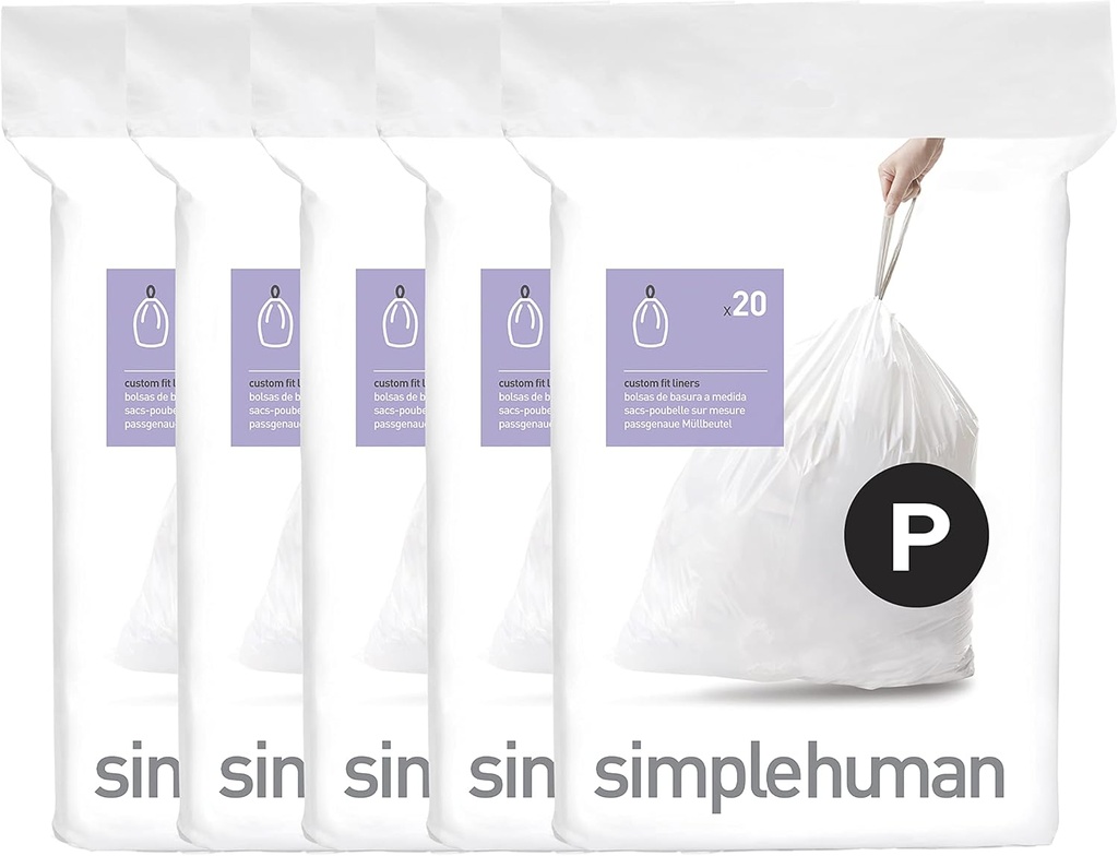 simplehuman Code P 100 Count, Dispenser Pack Custom Fit Liners, Drawstring Trash Bags, 50-60 Liter / 13-16 Gallon, White