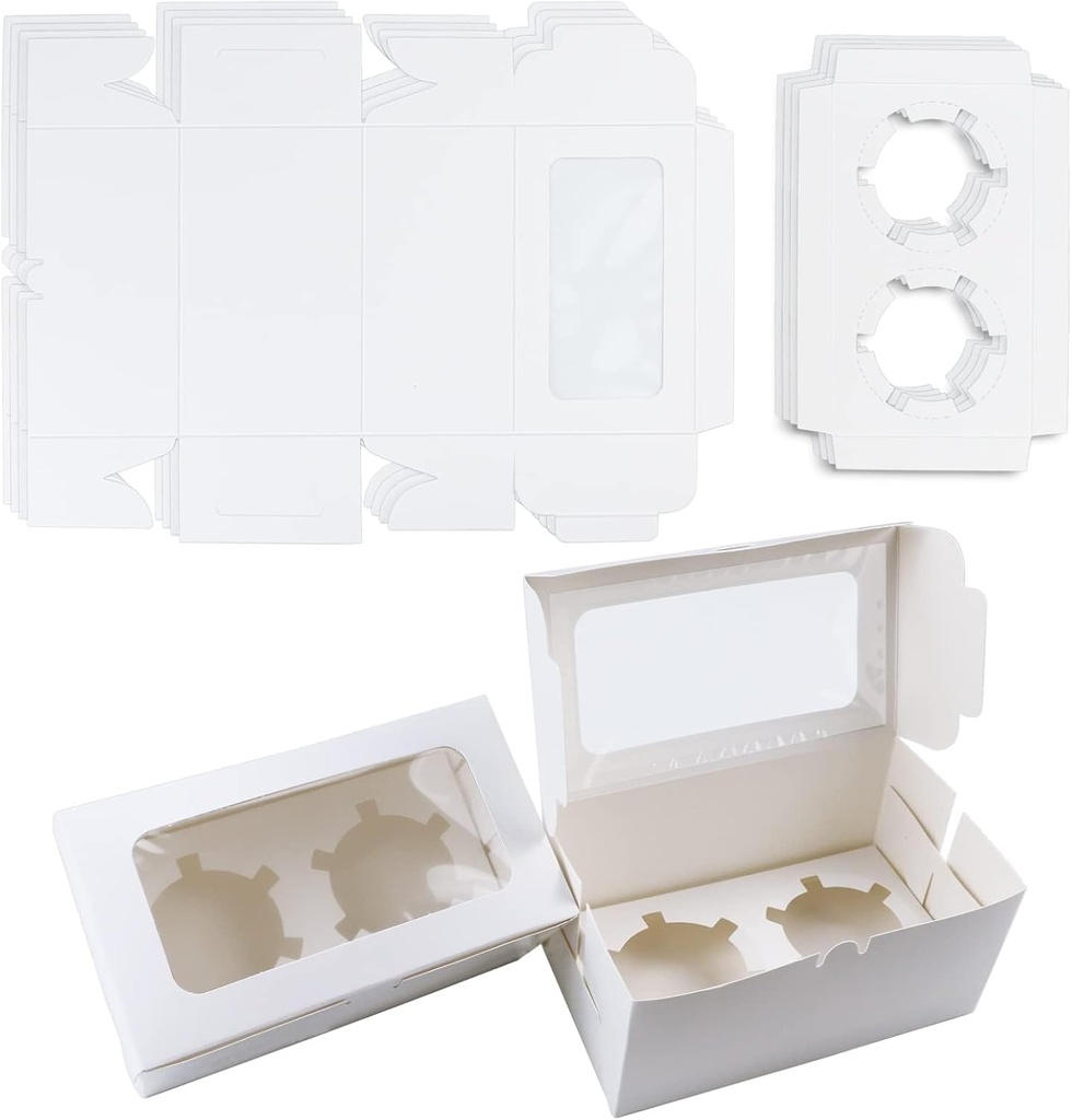 30 Pack White Paper Cupcake Boxes with 2 Cavity Cookie Gift Boxes with Clear Window 2 Treat Holder Cupcake Containers Bakery Cake Box for Birthday Party Holiday Bakery Supplies
